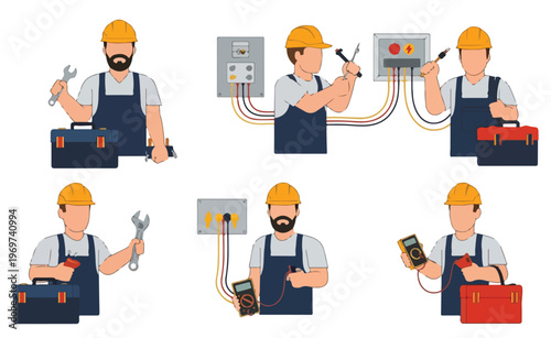 Professional electricians and skilled repairmen cartoon illustrations. Depicts workers performing electrical maintenance, installation, and diagnostic tasks using tools for expert service