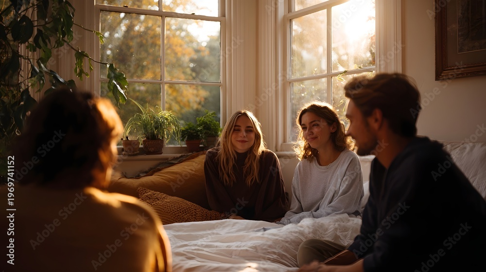 Fototapeta premium Four young friends gathered on a bed in a sunlit room enjoying a warm and relaxed conversation