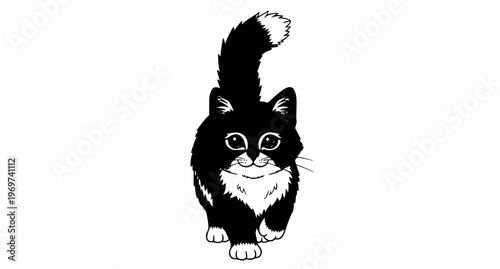 Fluffy grey cat vector illustration with bright green eyes walking playfully for kids and animal designs