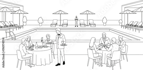 People dining by outdoor swimming pool with a waiter serving food and drinks