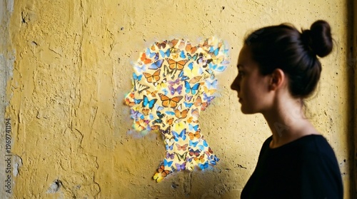 Wallpaper Mural Woman observes a silhouette profile made of colorful butterflies on a textured yellow wall, hinting at inner thoughts and transformation. Torontodigital.ca