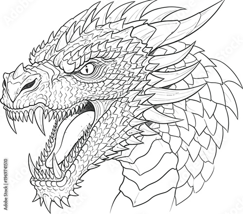 Dragon head, fierce roaring monster, sharp teeth, scales vector illustration