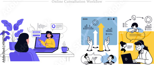 Online Consultation Workflow Flat Vector Remote Collaboration Data Analysis Illustration