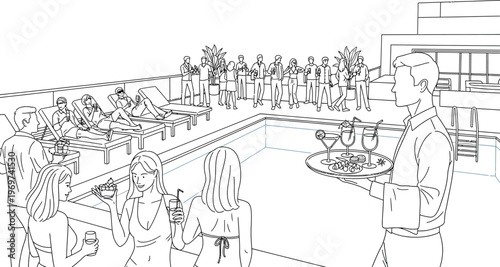 People enjoying a poolside party with a waiter holding a tray of drinks and snacks