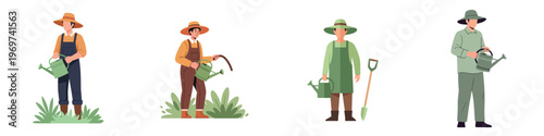 Collection of diverse cartoon characters joyfully tending to their gardens with watering cans and tools, symbolizing nature care and sustainable cultivation practices
