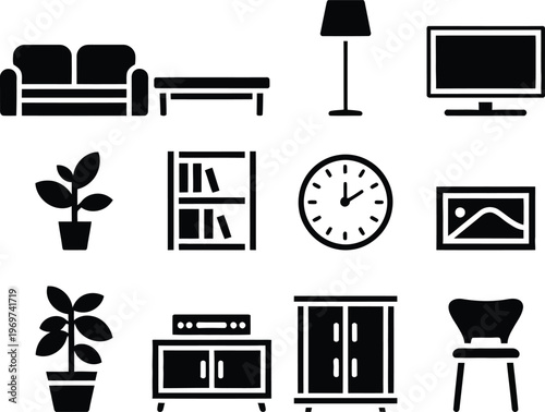 Modern minimalist icons representing a cozy living room setup