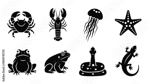 A collection of black silhouettes displaying various sea and land creatures including crabs lobsters and reptiles silhouette high quality professional detailed