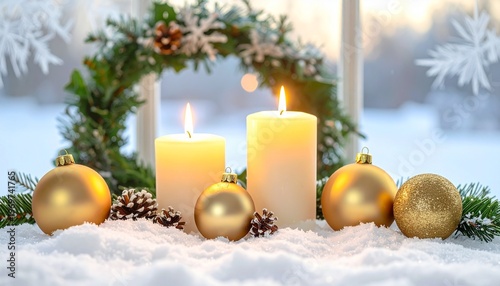 Winter Solstice Serenity Warm Candlelight on Snowy Window Ledge with Holiday Decorations Festive Indoor Still Life.