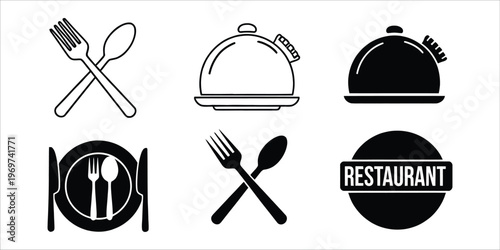 Restaurant Icons: Cutlery Cloche and Emblem for Culinary Branding Isolated on white background