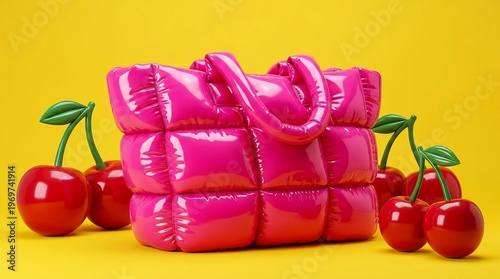 Wallpaper Mural A plush, bubblegum-pink quilted handbag is positioned centrally with fresh red cherries scattered around on a vibrant yellow backdrop. Torontodigital.ca