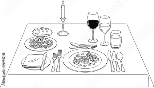 A formal dining table setting with wine glasses and candlelight