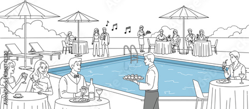 People enjoying a luxurious poolside party with a waiter carrying desserts