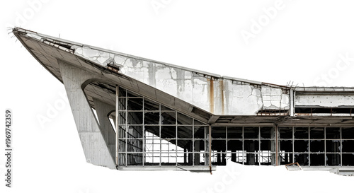 Architectural detail of a brutalist concrete building with large grid windows and weathered exterior surfaces isolated on a transparent background