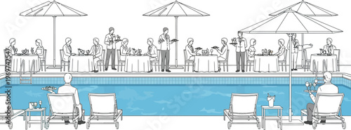 People dining by a swimming pool with waiters serving food and drinks in a vector graphic illustration