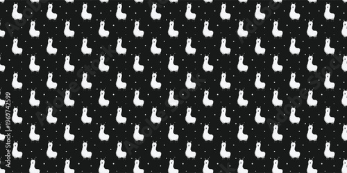 Cute white llama seamless pattern with polka dots on black. Cartoon alpaca repeating pattern