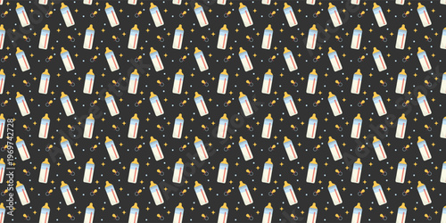 Baby bottle seamless pattern with pacifiers and stars on dark background. Newborn pattern