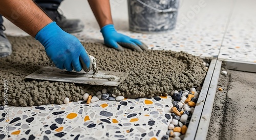 Craftsman applying cement mixture on terrazzo tile floor surface