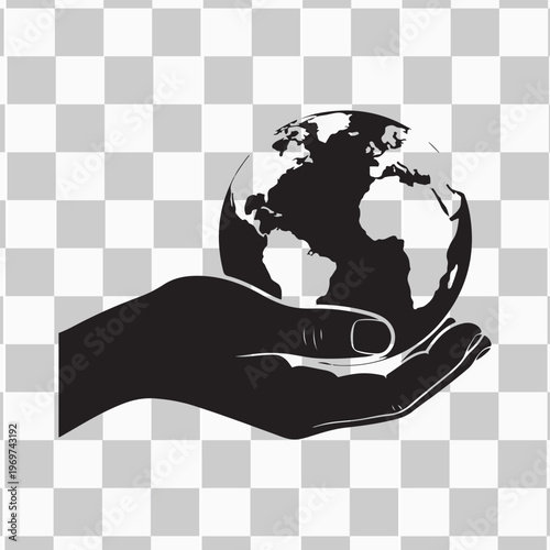 A human hand carefully holding a blue glass globe symbolizes global business, environmental protection, and a commitment to save our planet’s ecology