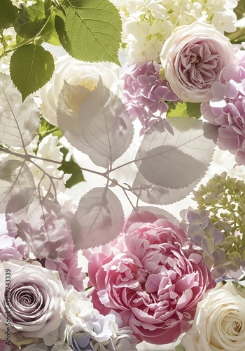 Delicate arrangement featuring roses, peonies, and hydrangea blossoms