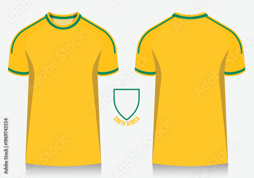 south Africa national football team soccer jersey or football kit template design. Soccer shirt icon for football world tournament in 2026. Front and back view soccer jersey mockup. 