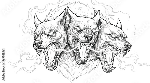 Fierce dog heads, angry canine faces, snarling mouths, tattoo style illustration, black and white vector