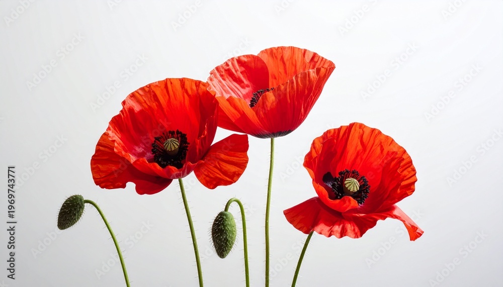Obraz premium Vibrant Red Poppy Flowers on White Background Nature's Beauty for Springtime and Summer Designs Floral Still Life.