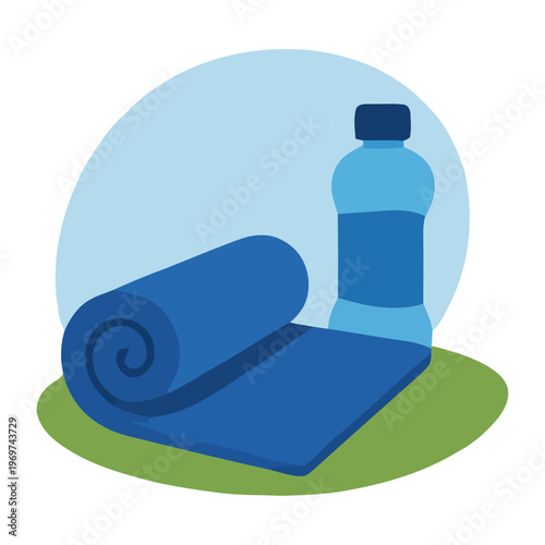 Flat vector illustration of yoga mat and water bottle, fitness and wellness equipment concept