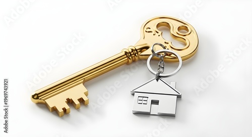 Large Gold Key with House Keychain – Real Estate Investment, Property Ownership and Home Buying Concept Isolated on White Background