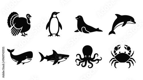 A collection of various marine and avian animals depicted in flat black silhouettes high quality professional detailed modern elegant stylish clean