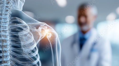 Transparent skeletal shoulder with highlighted soft tissue pain in front of clinician â€” visualizing pain management for skeletal trauma and soft tissue injury.