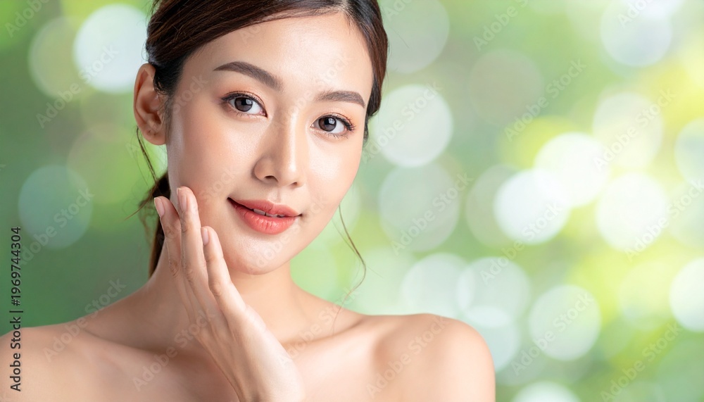 Naklejka premium Radiant Asian Woman with Perfect Skin in a Bokeh Background for Skincare Beauty and Wellness Concepts.