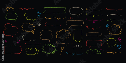 Hand drawn colorful speech bubbles frames and doodle text box collection on black background. Creative sketch elements for dialogue and decoration. Vector Illustration.