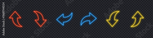Neon curved directional arrows on transparent background. Navigation, turning, and redirection symbol set. Vector Illustration.