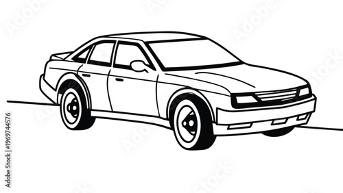 Simple black and white line drawing of a classic sedan automobile