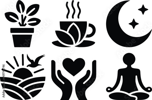 Six icons representing wellness, mindfulness, and natural harmony in daily life.