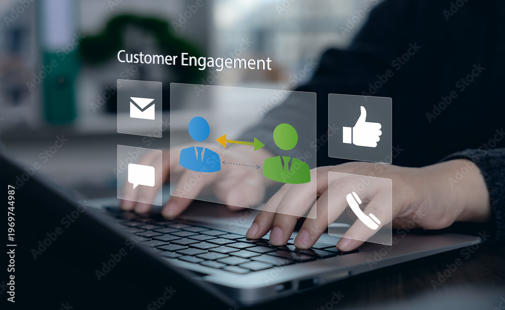 Naklejka premium Business interface showing customer engagement with email, chat, phone, and feedback icons, representing client interaction, communication channels, and relationship building.
