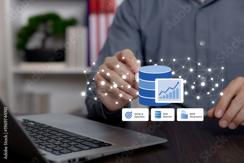 Business interface showing connected data sources, analytics dashboard, and data governance, representing information integration, insight generation, and structured data control.
