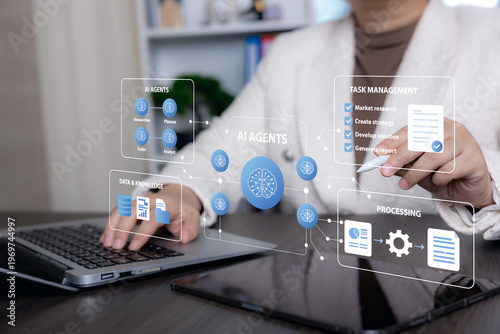 Business interface showing AI agents for task management, knowledge processing, research, planning, analysis, and automated workflow execution.