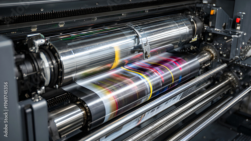 Industrial offset printing press machine rollers processing high speed color paper sheets