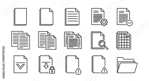 Collection of document icons representing various file management operations like saving, downloading, security, and analysis