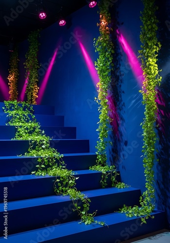 Enchanting Blue Staircase Adorned with Trailing Vines and Vibrant Lights