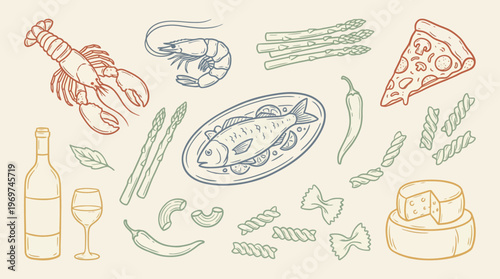 Hand drawn sketches of gourmet food like lobster shrimp fish pizza cheese wine and pasta on beige background, concept for restaurant menu design culinary blogging and food branding