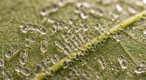 Enchanting macro of a leaf adorned with luminous dew droplet clusters
