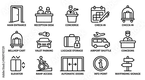 Minimalist black line icons set of hotel services featuring professional receptionist and concierge staff on white background, concept for hospitality branding, travel app and facility signage system