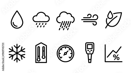 Minimalist weather outline icons featuring water drop rain cloud wind snowflake thermometer and statistics chart, concept for climate monitoring, weather forecasting and scientific research