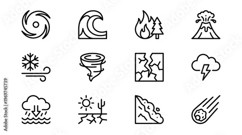 Natural disaster line icons set featuring hurricane, volcano, wildfire, tsunami and seismic crack symbols, concept for insurance infographic, risk assessment and ecological education modules