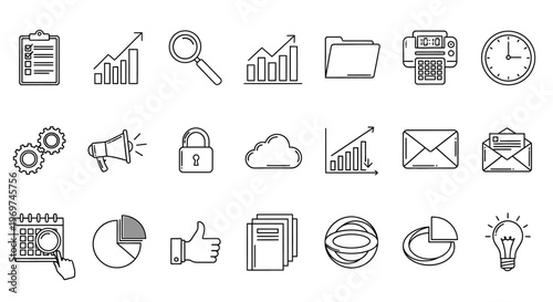 Collection of document icons representing various file management operations like saving, downloading, security, and analysis