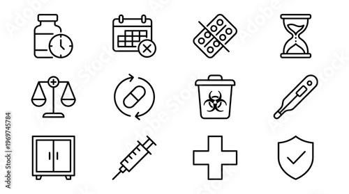 Medical and healthcare line icons set featuring syringe thermometer pharmacy bottle biohazard bin and cross, concept for healthcare app design, hospital signage and clinical branding assets
