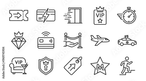 Set of minimalist black linear icons illustrating premium VIP membership services and priority business access, concept for customer loyalty programs, luxury marketing and corporate branding