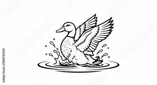 Stylized black and white line drawing of a duck with wings spread, splashing water